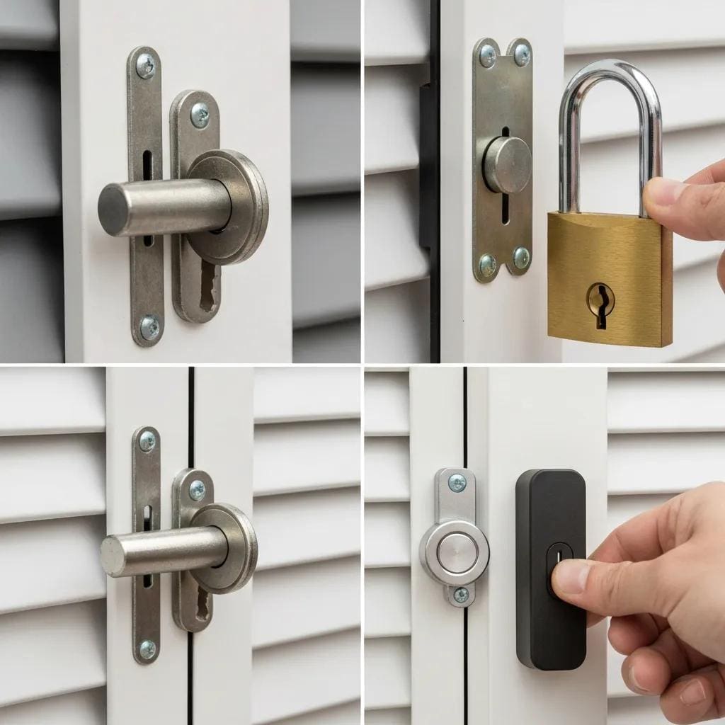 Close-up showing different accordion shutter locking mechanisms and security details