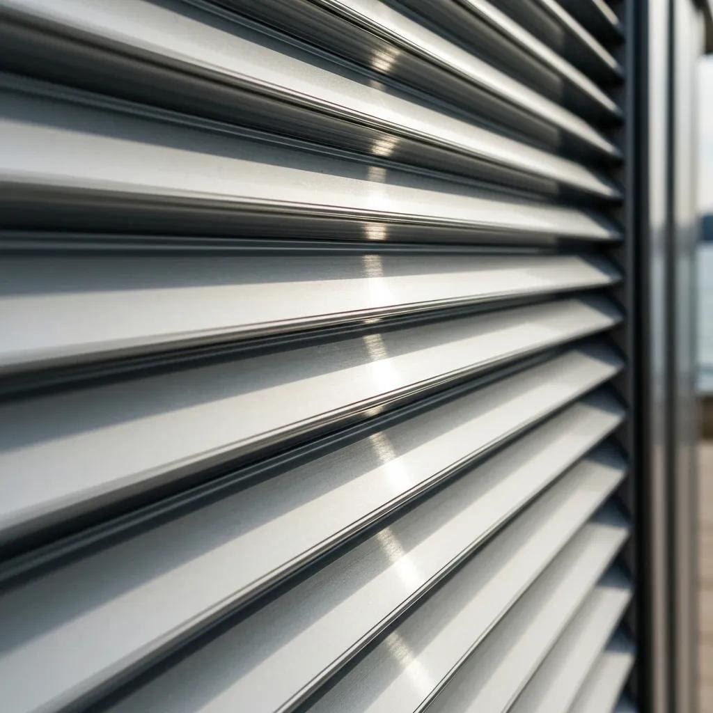 Close-up of premium aluminum accordion shutters — detail of hardware and finish