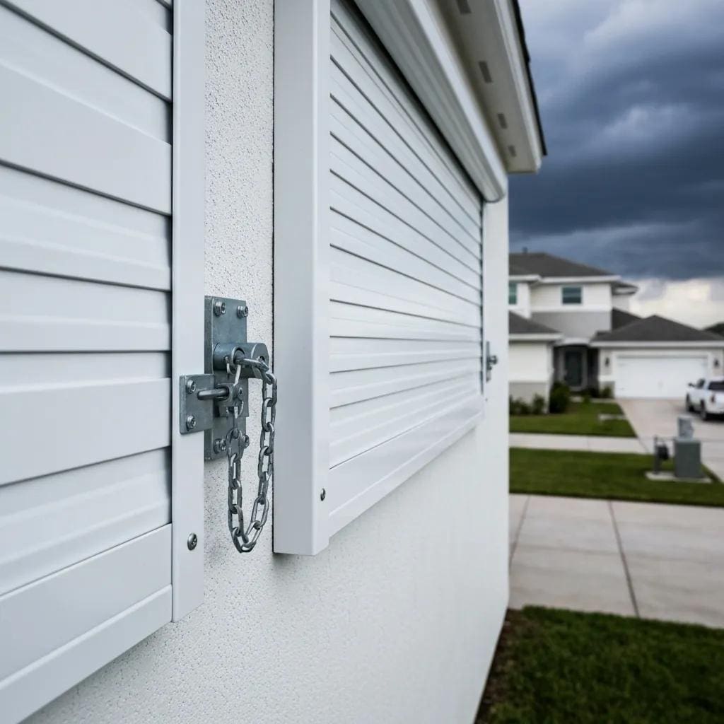 Close-up of a locked roll down shutter demonstrating security and storm protection