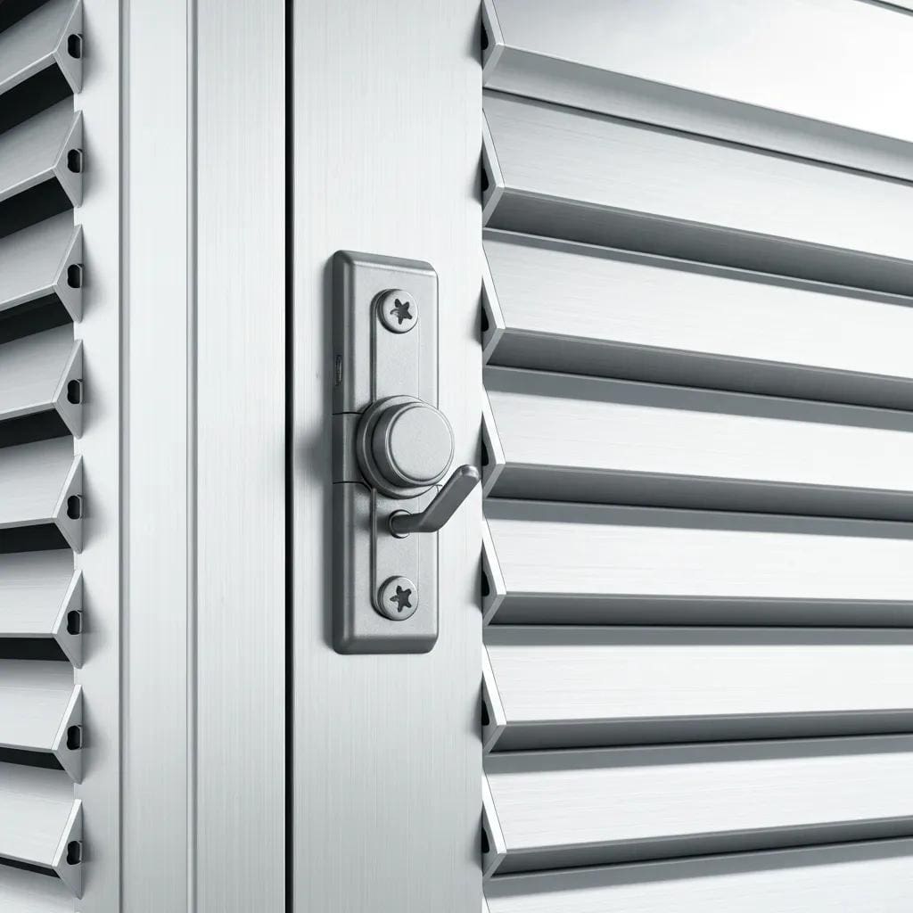 Close-up of marine-grade aluminum accordion shutters showing corrosion-resistant finish