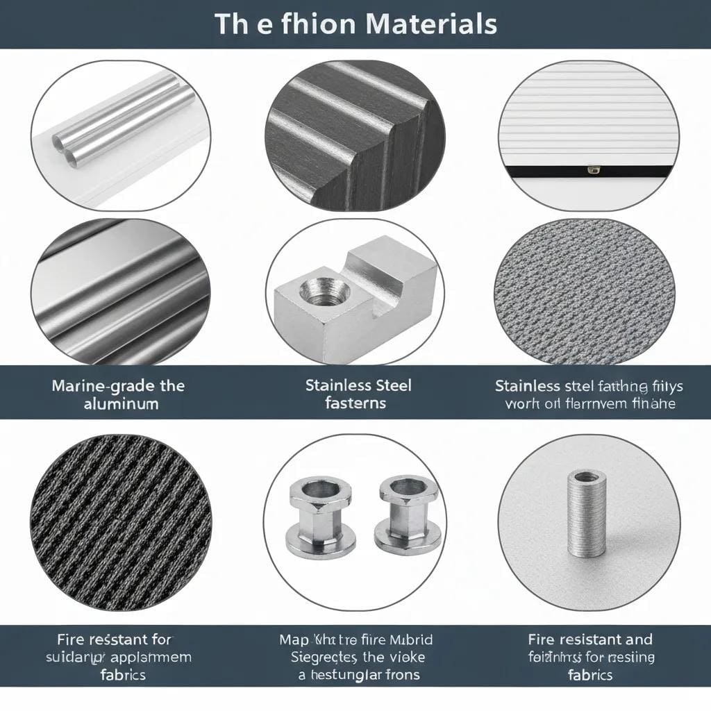 Close-up of marine-grade aluminum and stainless steel fasteners in an accordion shutter