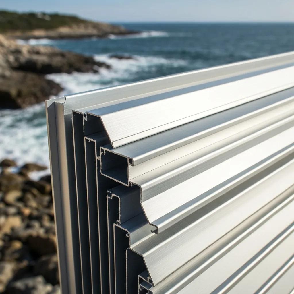 Close-up of marine‑grade aluminum panels showing corrosion‑resistant finish and reinforced ribs