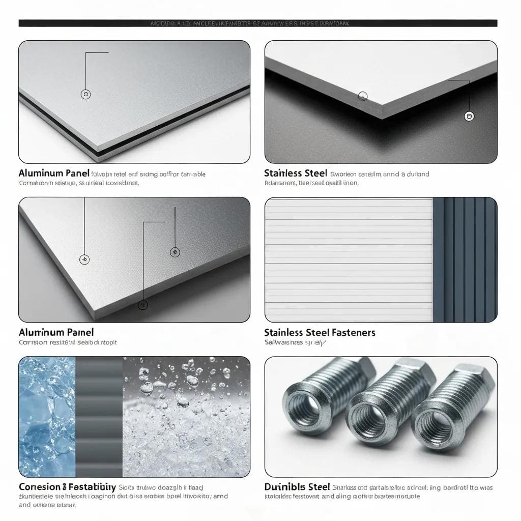 Close-up of accordion-shutter components — aluminum panels and stainless-steel fasteners built for coastal weather
