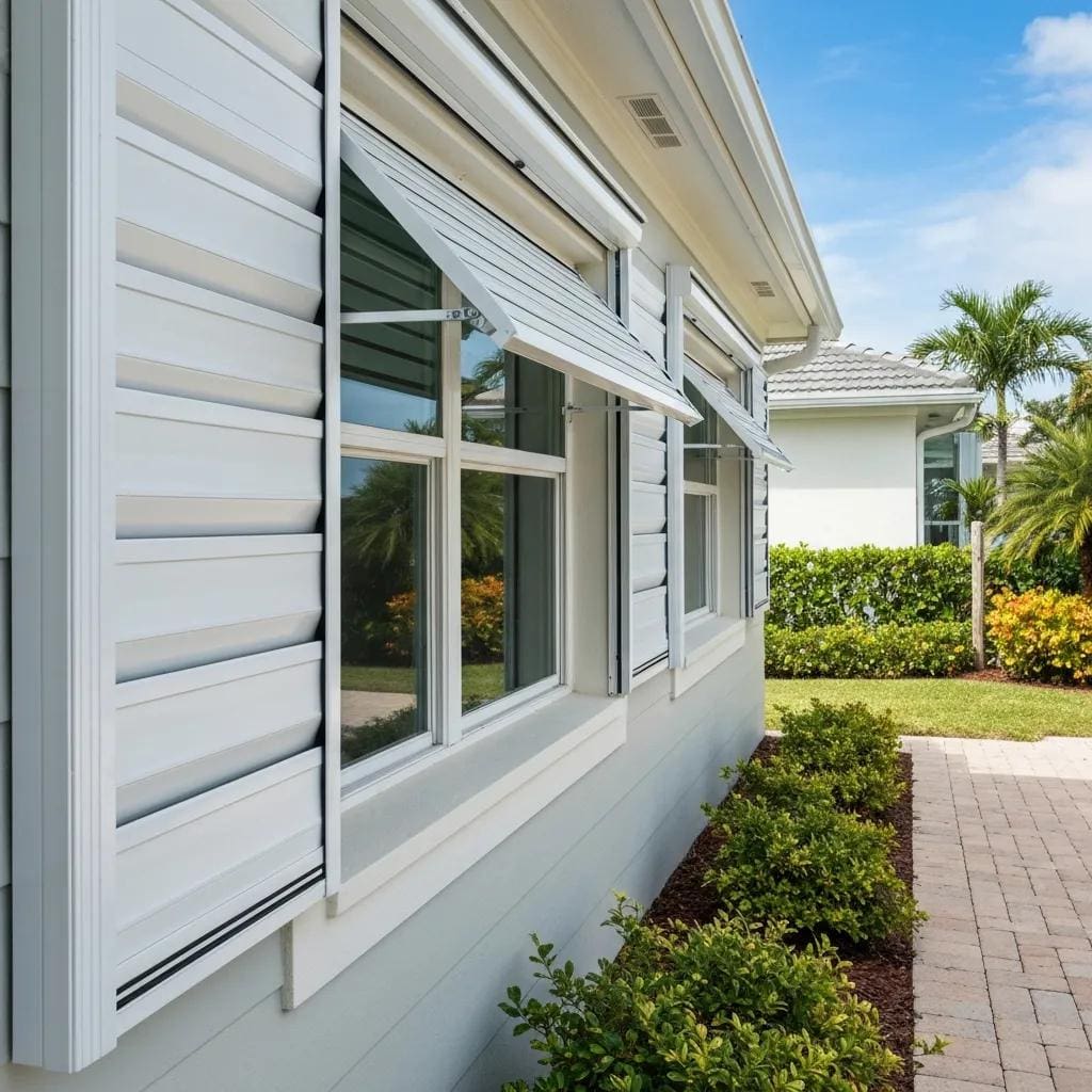 Close-up of open accordion hurricane shutters on a coastal home, highlighting durability and ease of use