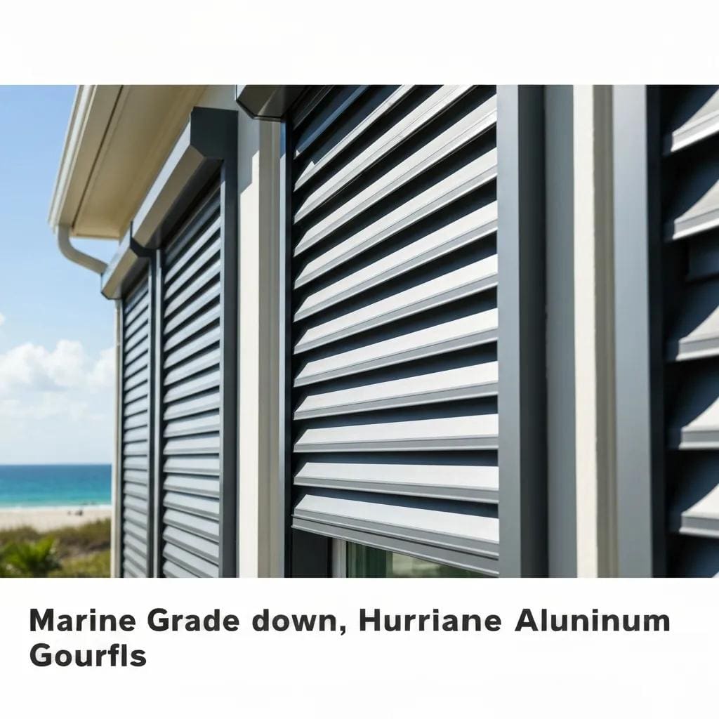 Close-up of roll-down shutters on a coastal house highlighting material quality and corrosion resistance