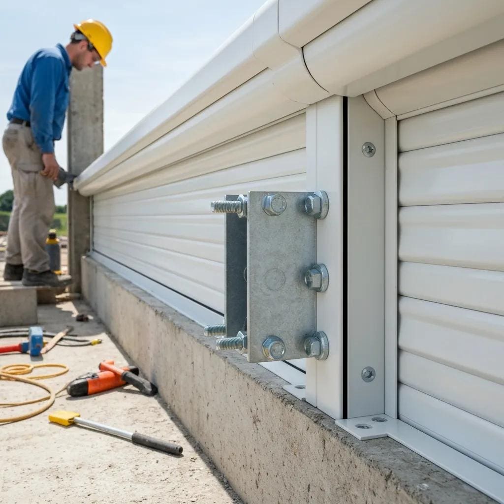 Detail of roll down shutter attachment and anchoring showing components for code compliance