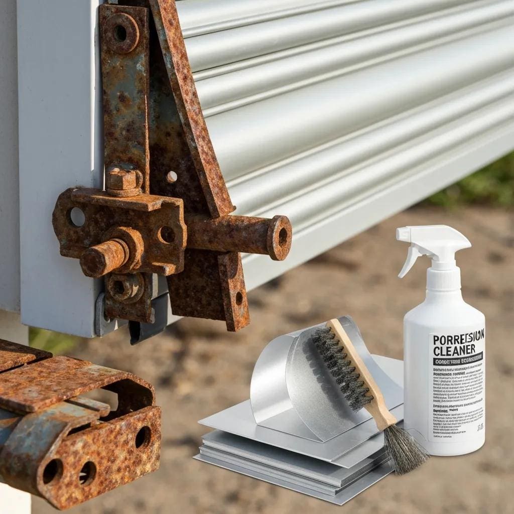 Close-up showing corrosion on roll-down shutter components and corrosion-resistant replacements