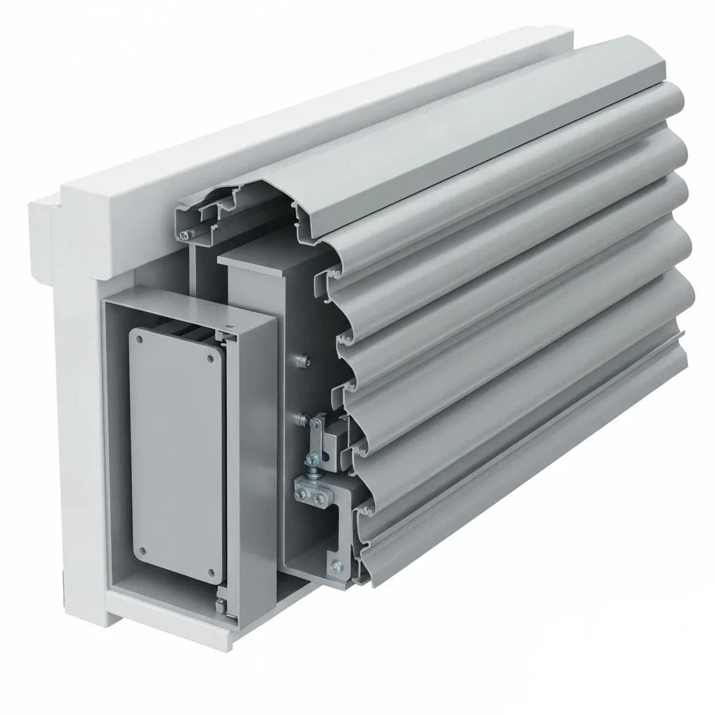 Close-up of roll-down shutter slats and headbox components