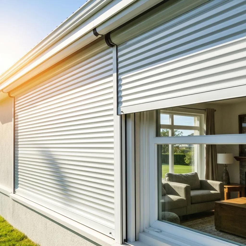 Closed-roll-down-hurricane-shutters-reflecting-sunlight-illustrating-energy-efficiency-and-indoor-comfort-41303655-46c4-48d7-81fb-3b1f6520bfc7webp - american hurricane shutters Closed roll-down shutters reflecting sun — helping to reduce heat gain and improve indoor comfort