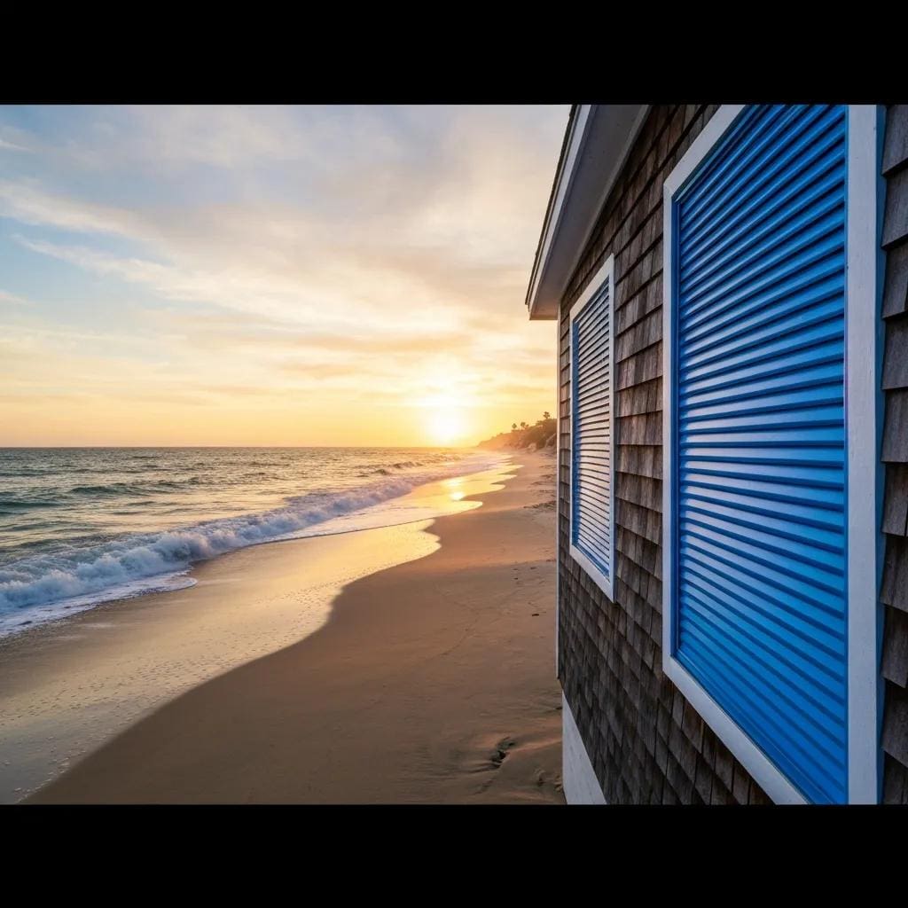 Coastal beach house with accordion shutters closed to show protection from storms