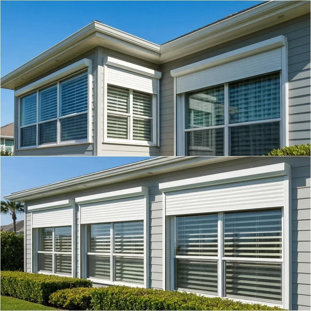 Coastal home featuring accordion shutters and traditional window treatments, highlighting storm protection and interior decor