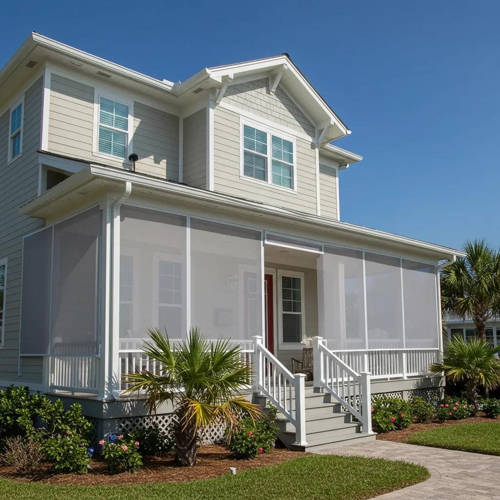 Coastal home featuring permanent hurricane screens, illustrating storm protection and aesthetic integration