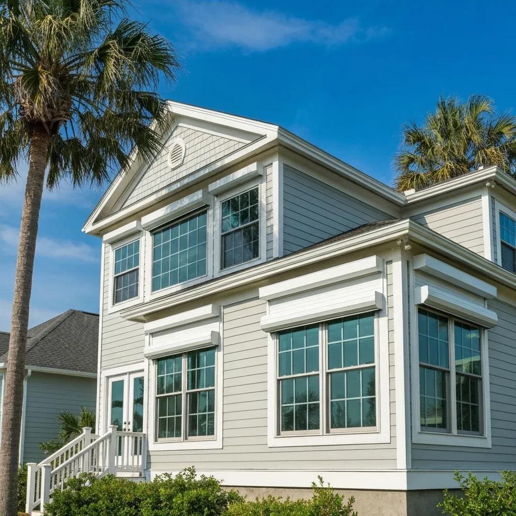 Coastal home featuring roll down hurricane shutters and impact-resistant windows, illustrating storm protection solutions