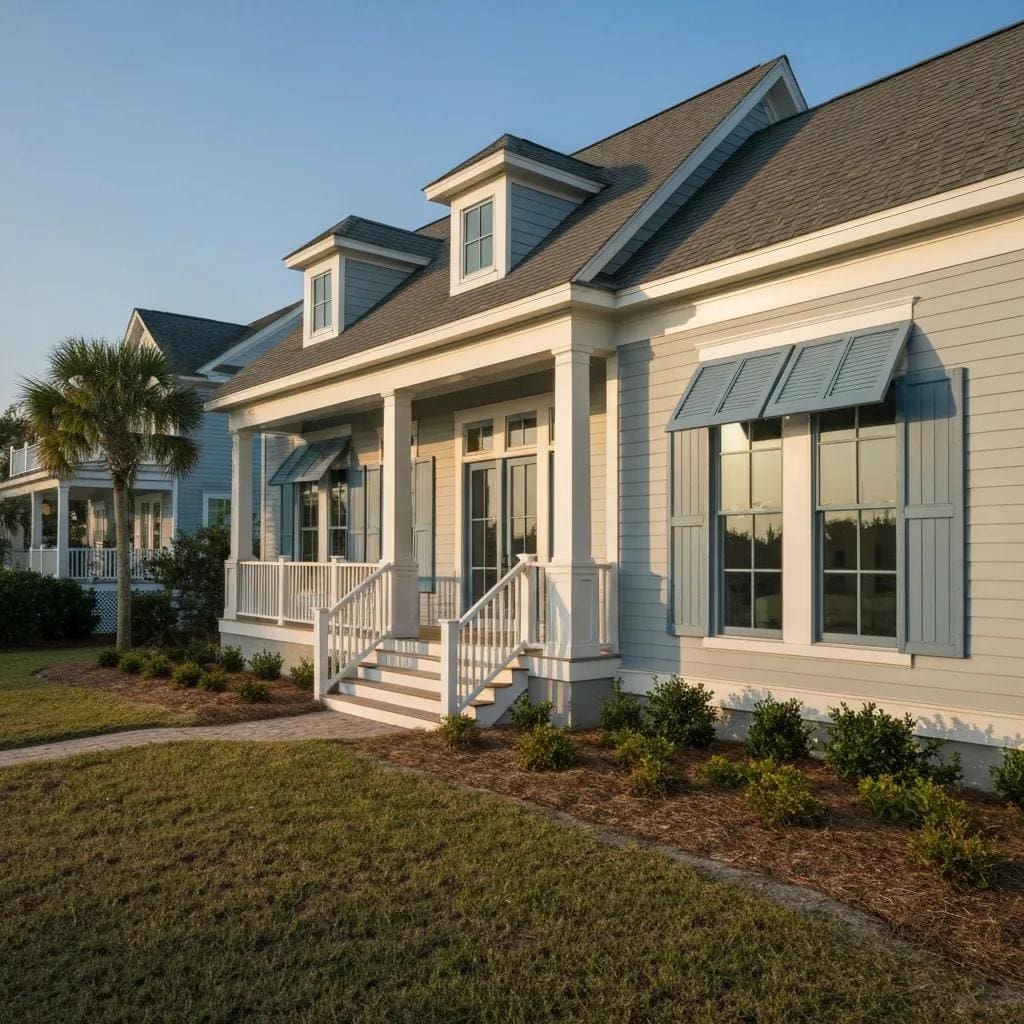 Coastal home in the Carolinas featuring hurricane shutters, illustrating safety and preparedness against storms