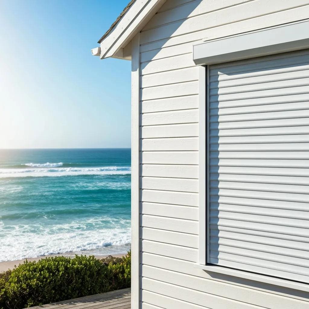 Coastal home with a well-maintained accordion shutter, emphasizing hurricane protection and home safety