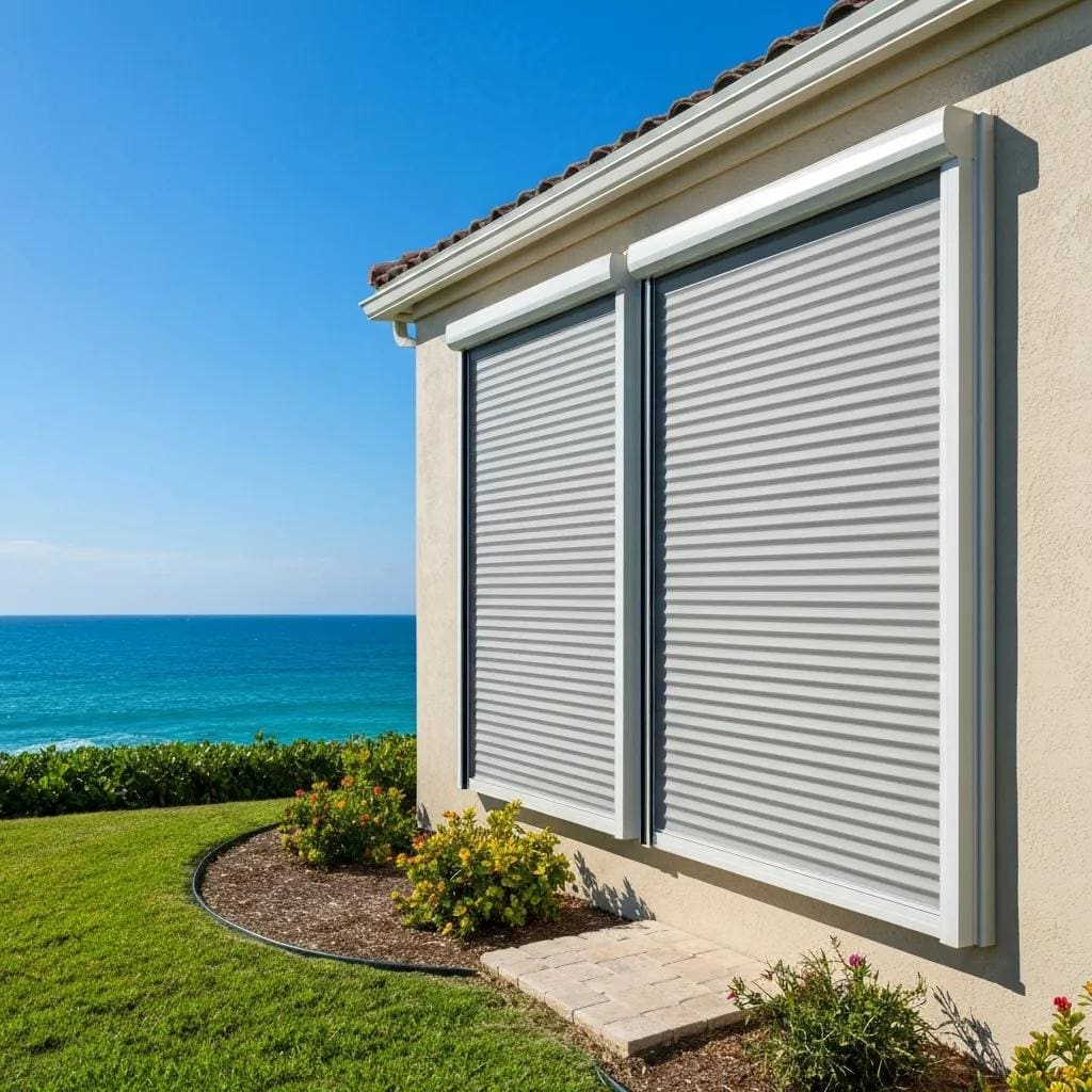 Coastal home with accordion hurricane shutters partially open, showcasing functionality and aesthetic appeal
