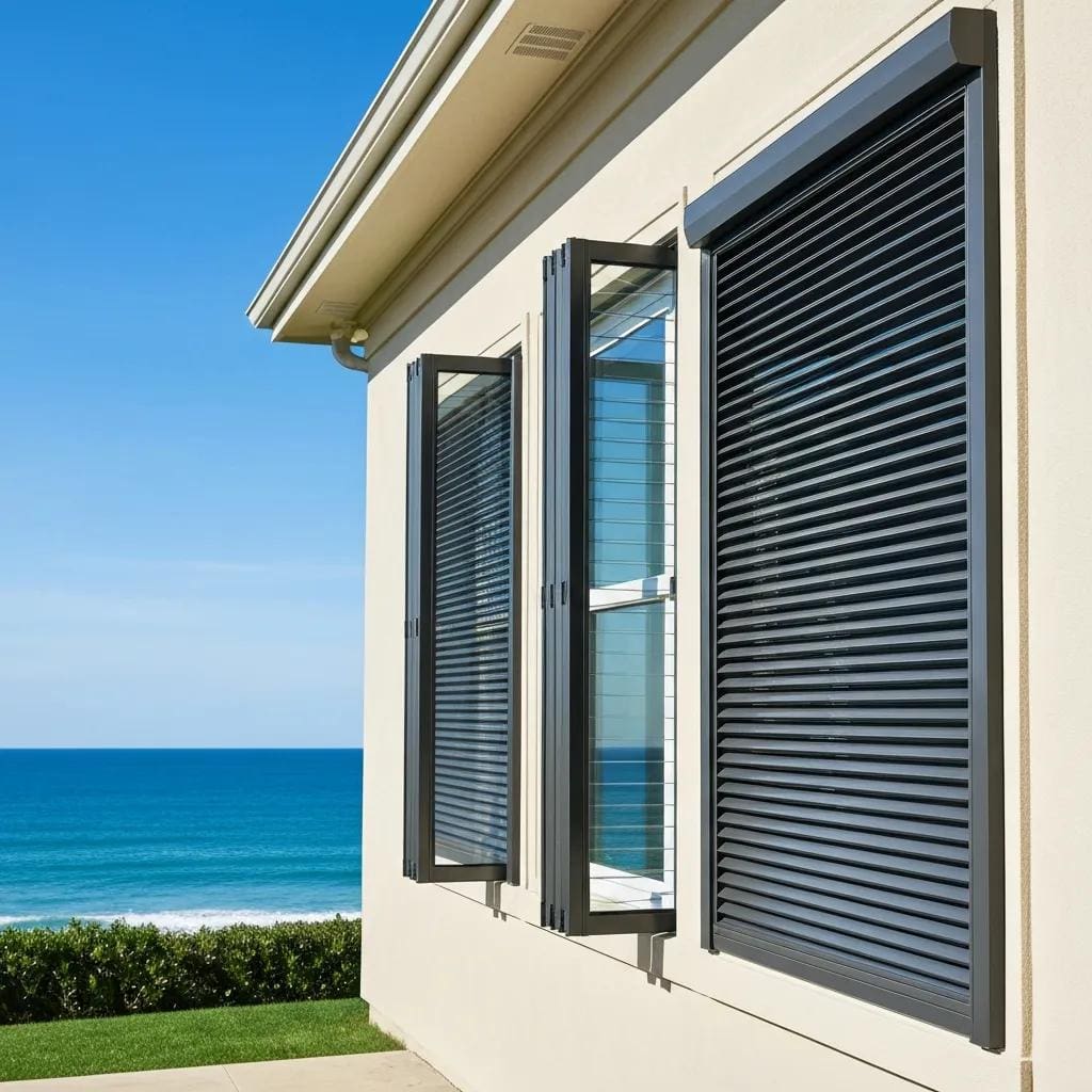 Coastal home with accordion shutters demonstrating storm protection and security features