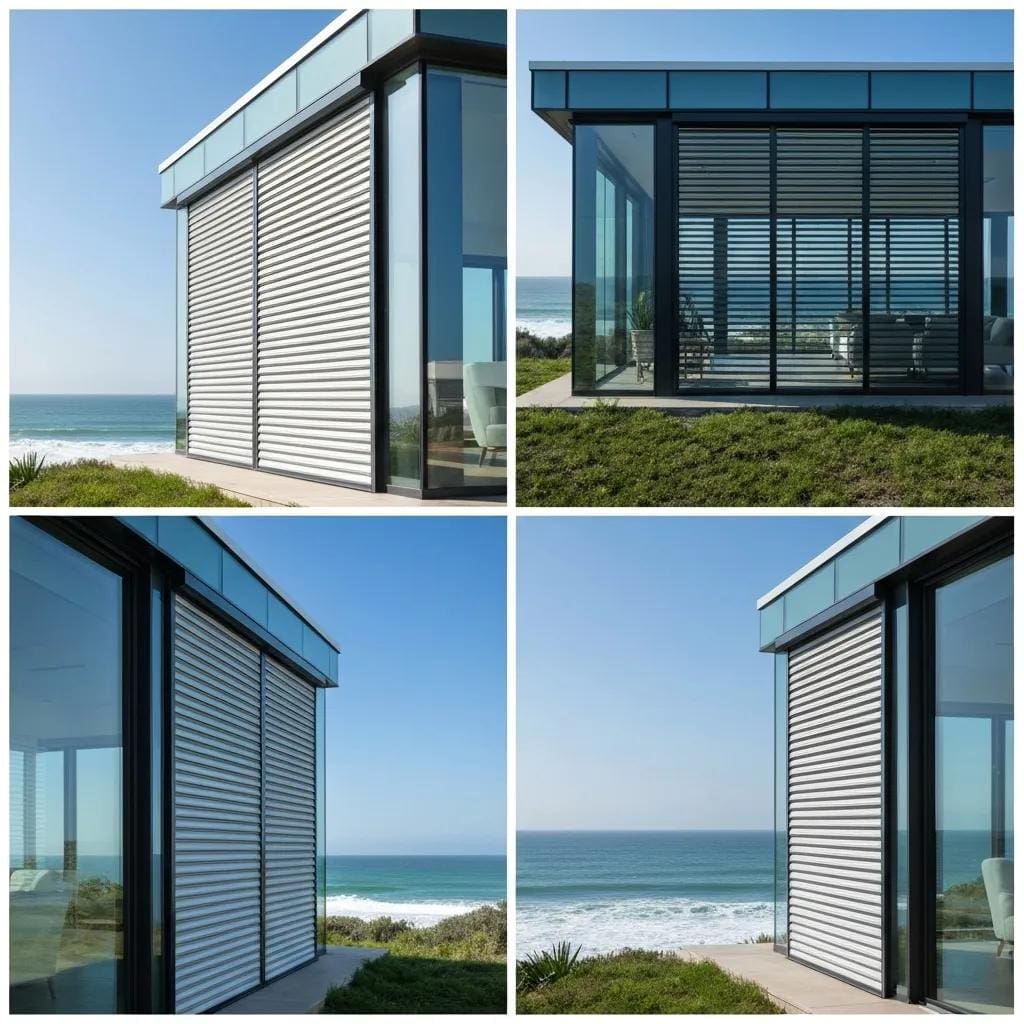 Coastal home with accordion shutters demonstrating storm protection features