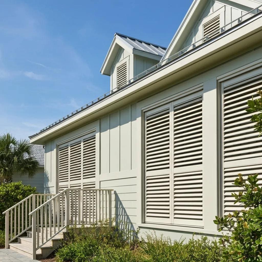 Coastal home with accordion shutters enhancing curb appeal and aesthetic design
