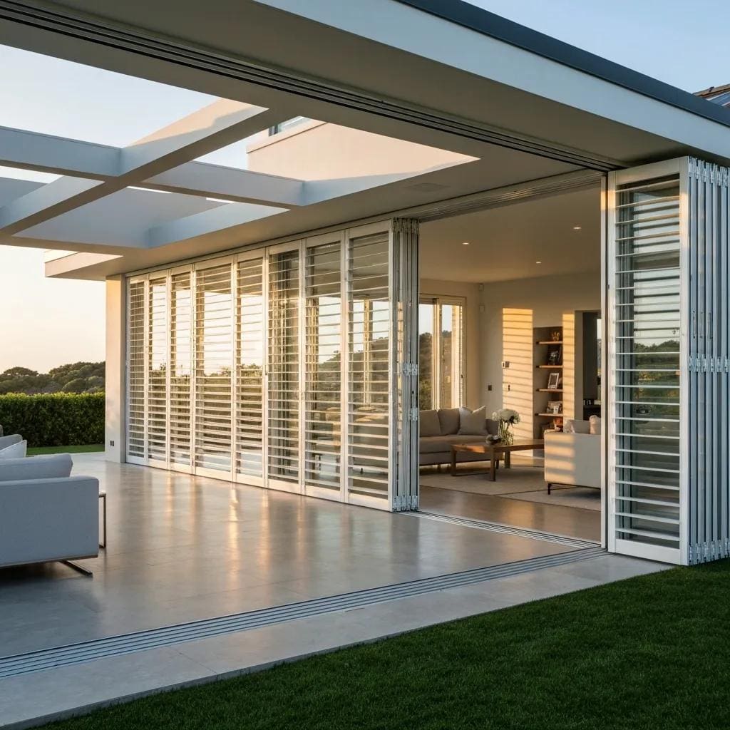 Coastal home with accordion shutters enhancing curb appeal and storm protection