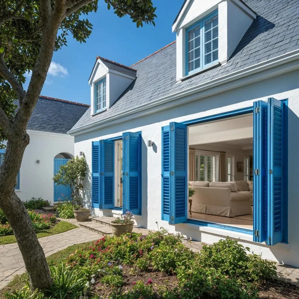 Coastal home with accordion shutters highlighting storm protection and aesthetic appeal