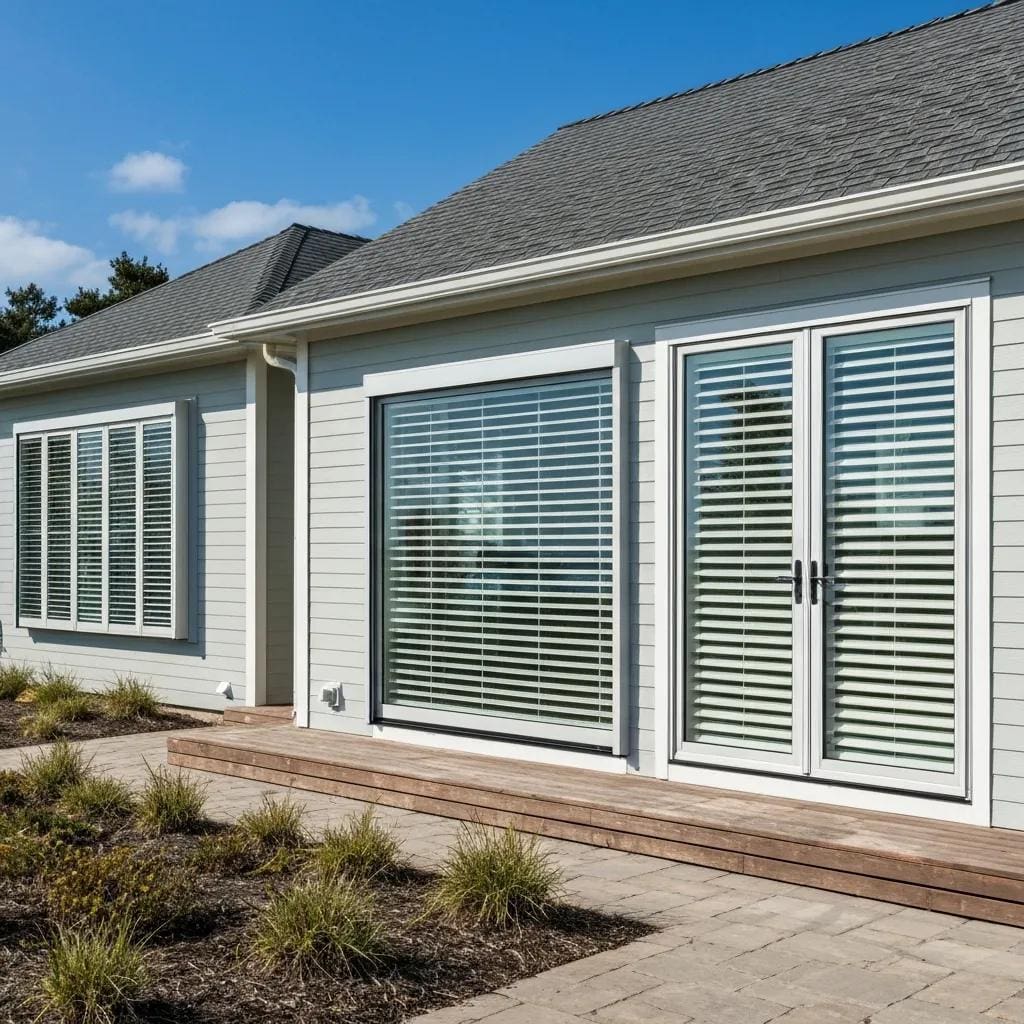 Coastal home with accordion shutters installed, showcasing storm protection features