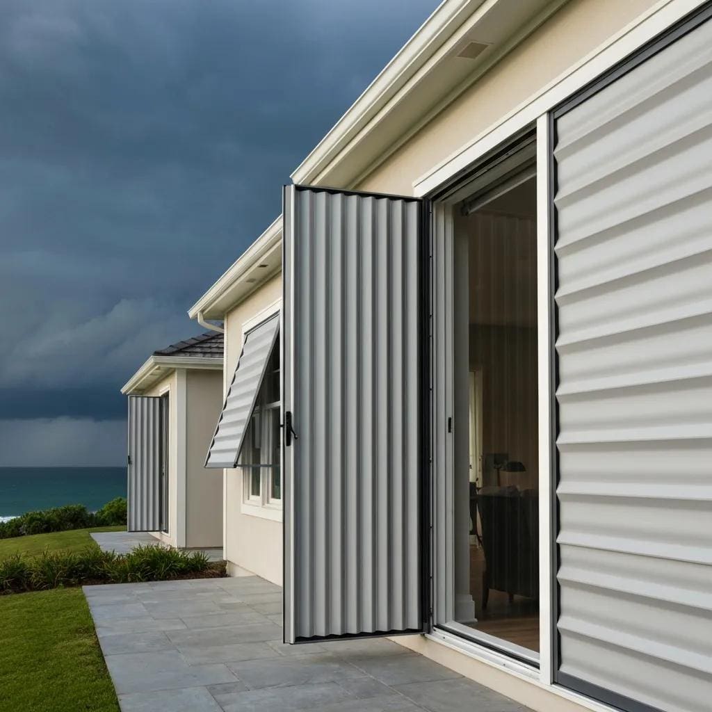 Coastal home with accordion shutters partially closed against a stormy sky, showcasing storm protection features