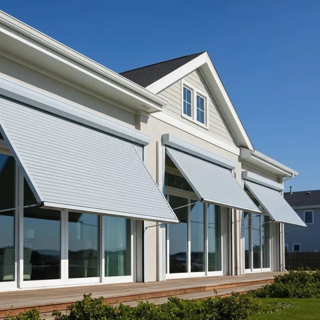 Coastal home with accordion shutters partially closed, showcasing storm protection features