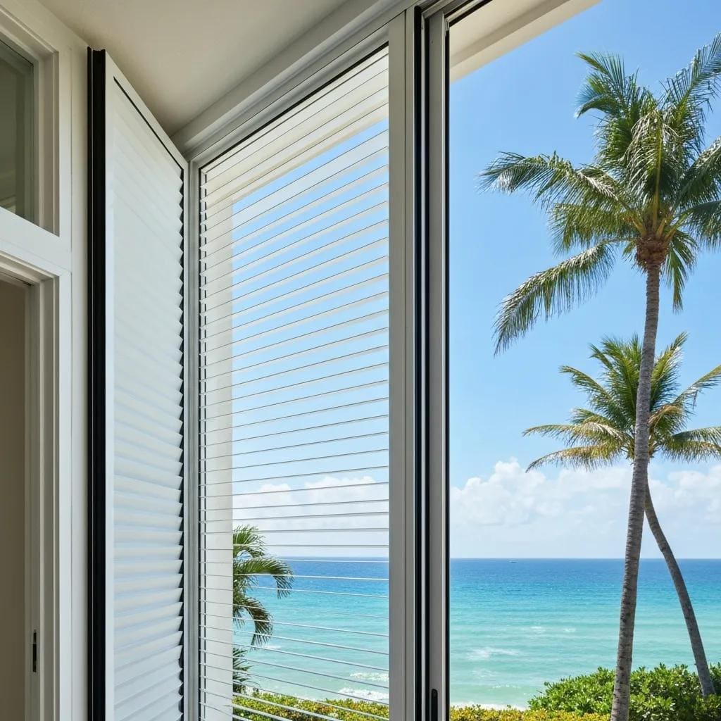 Coastal home with accordion shutters partially open, emphasizing storm protection features