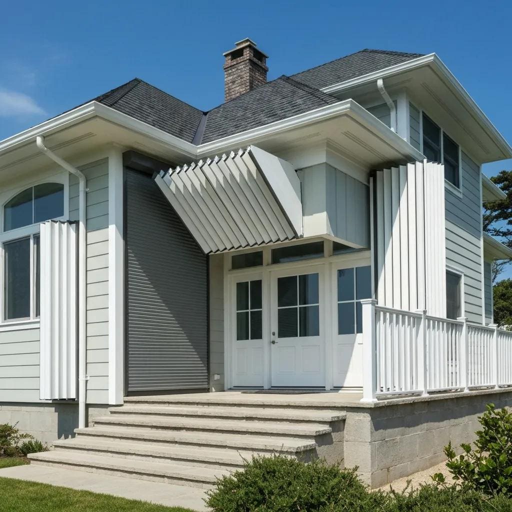 Coastal home with accordion shutters partially open, showcasing hurricane protection features