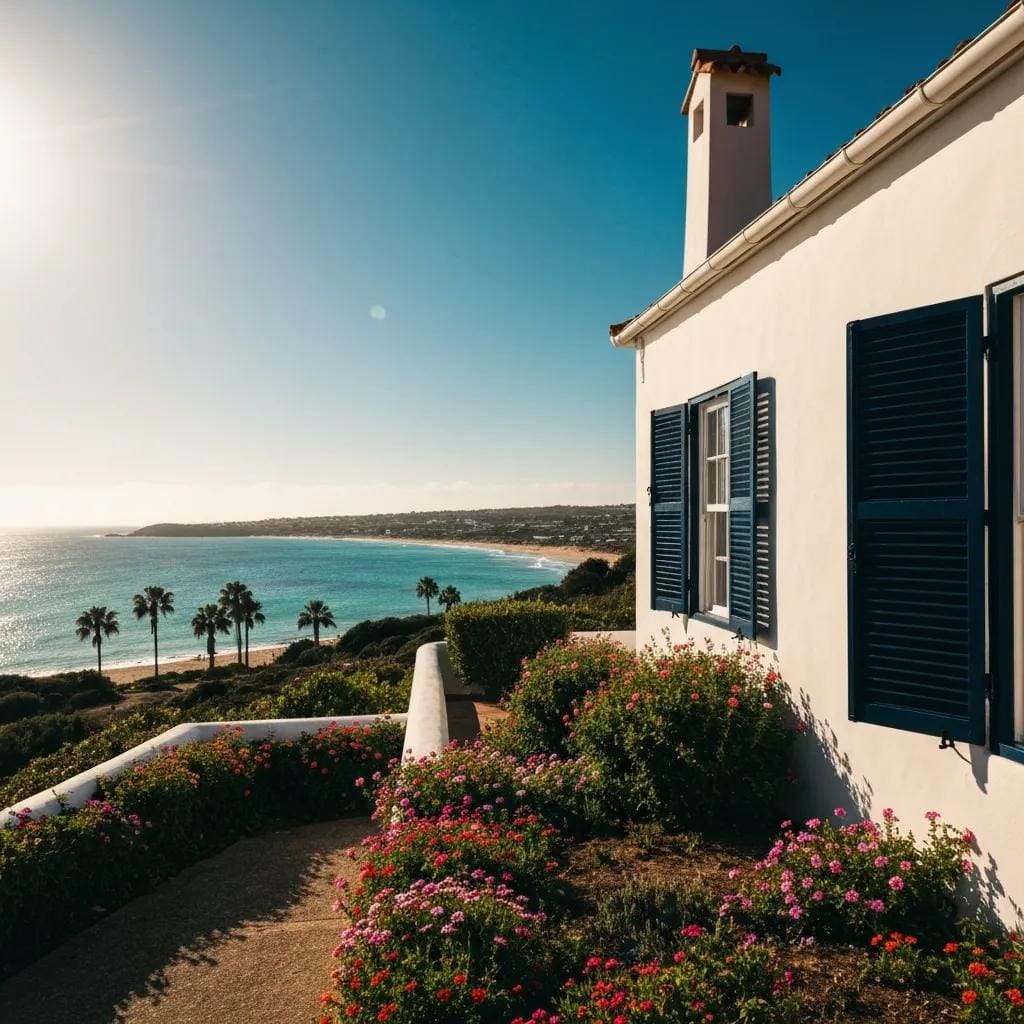 Coastal home with accordion shutters partially open, showcasing storm protection features