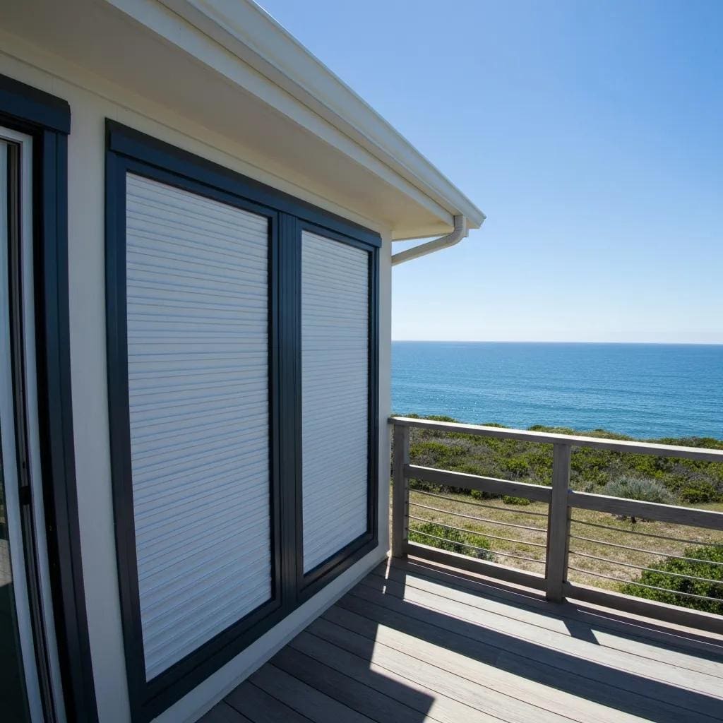 Coastal home with accordion shutters showcasing protection against storms