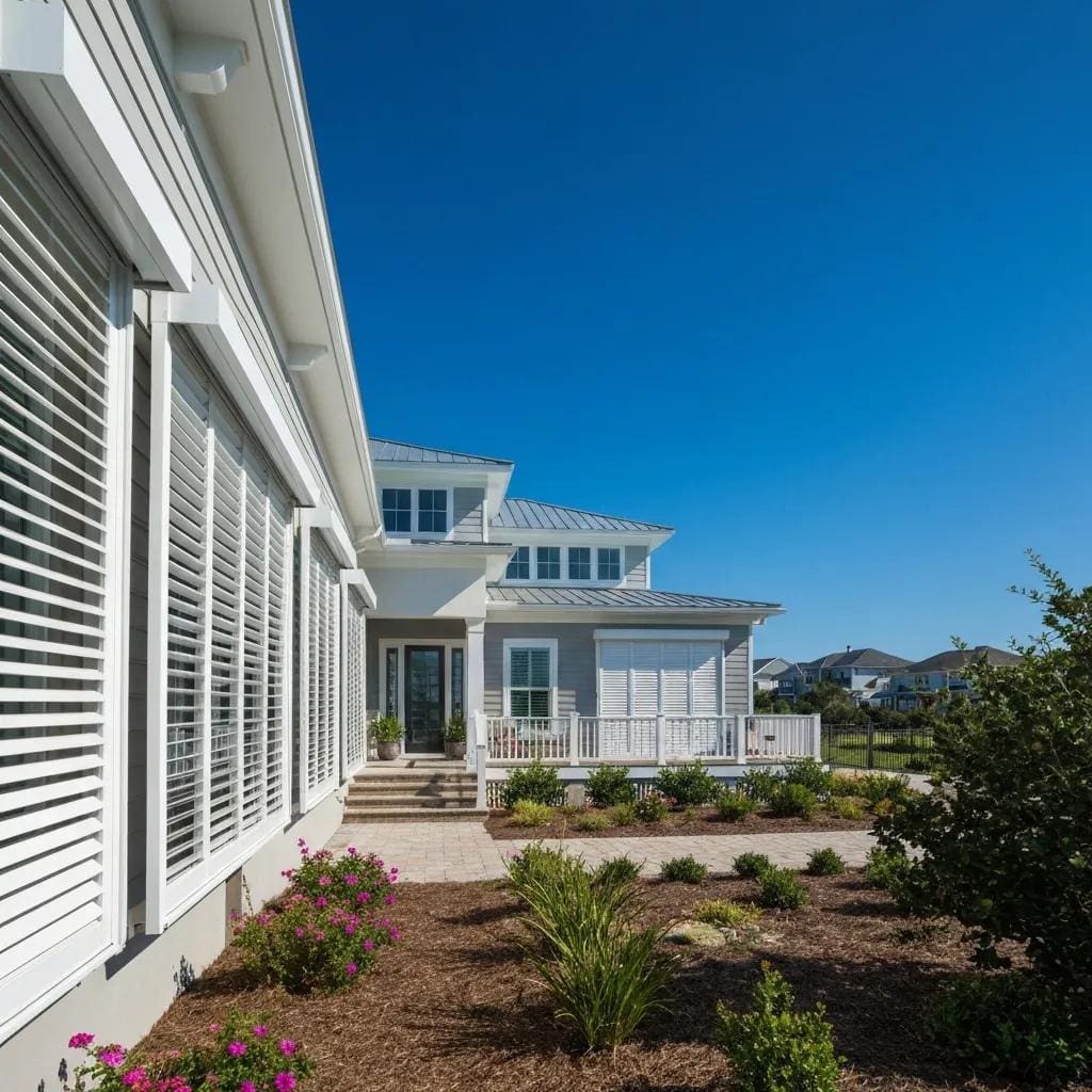 Coastal home with accordion shutters showcasing storm protection features