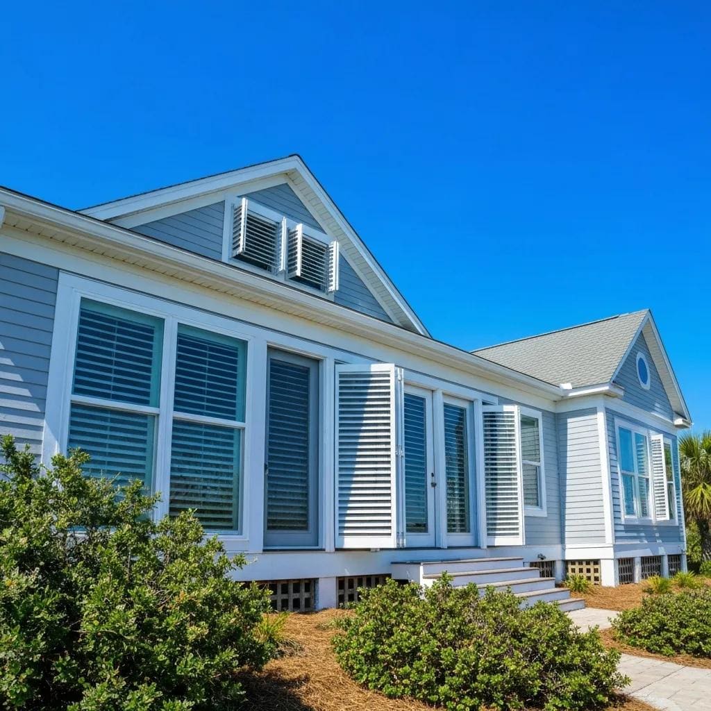 Coastal home with accordion shutters showcasing storm protection features