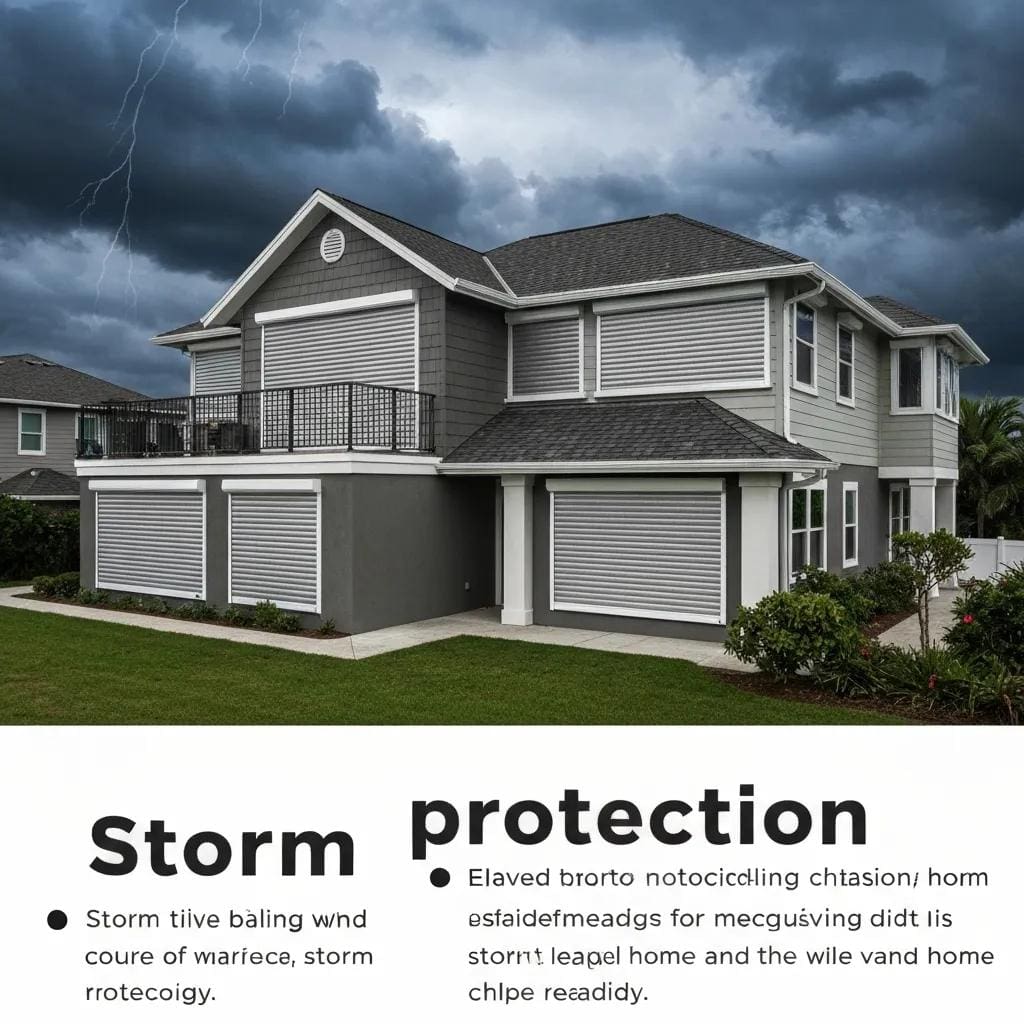 Coastal home with closed accordion shutters during a storm, emphasizing hurricane protection