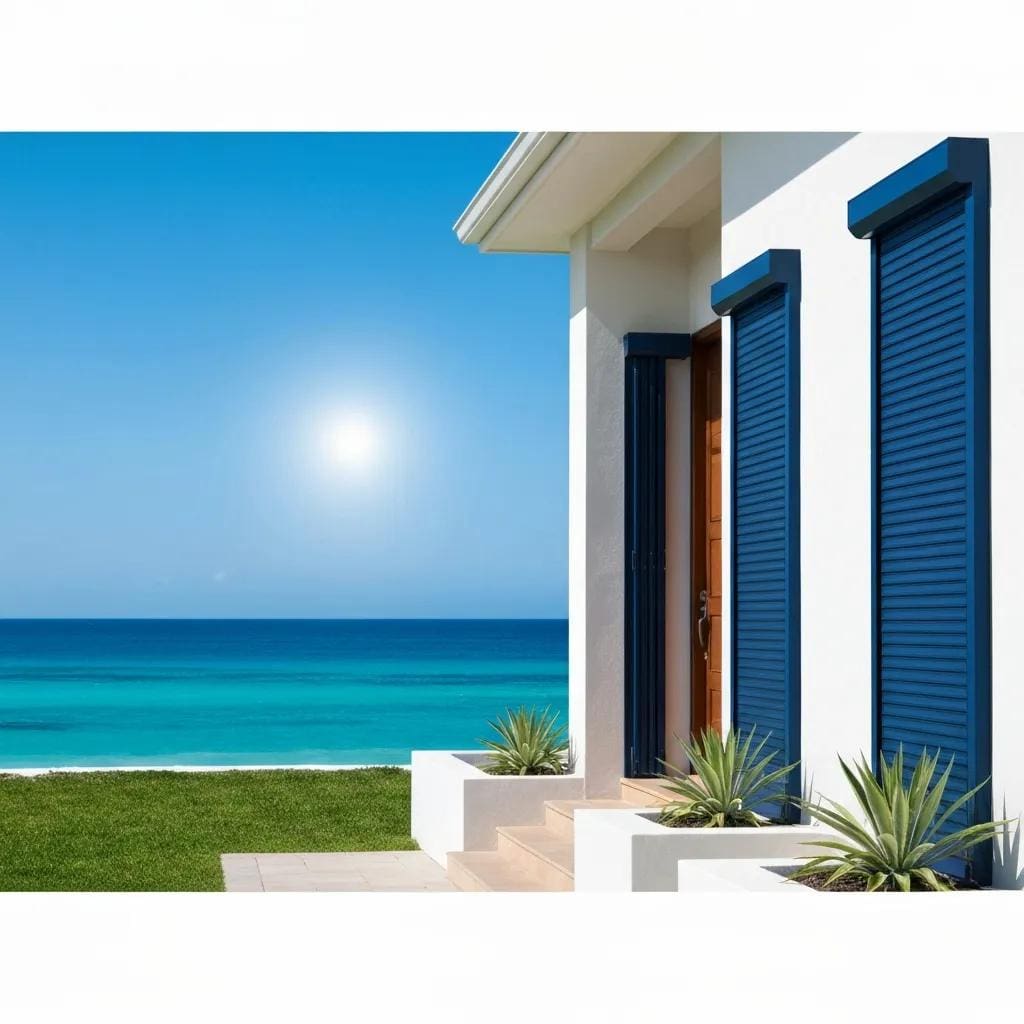 Coastal home with closed accordion shutters, illustrating hurricane protection features