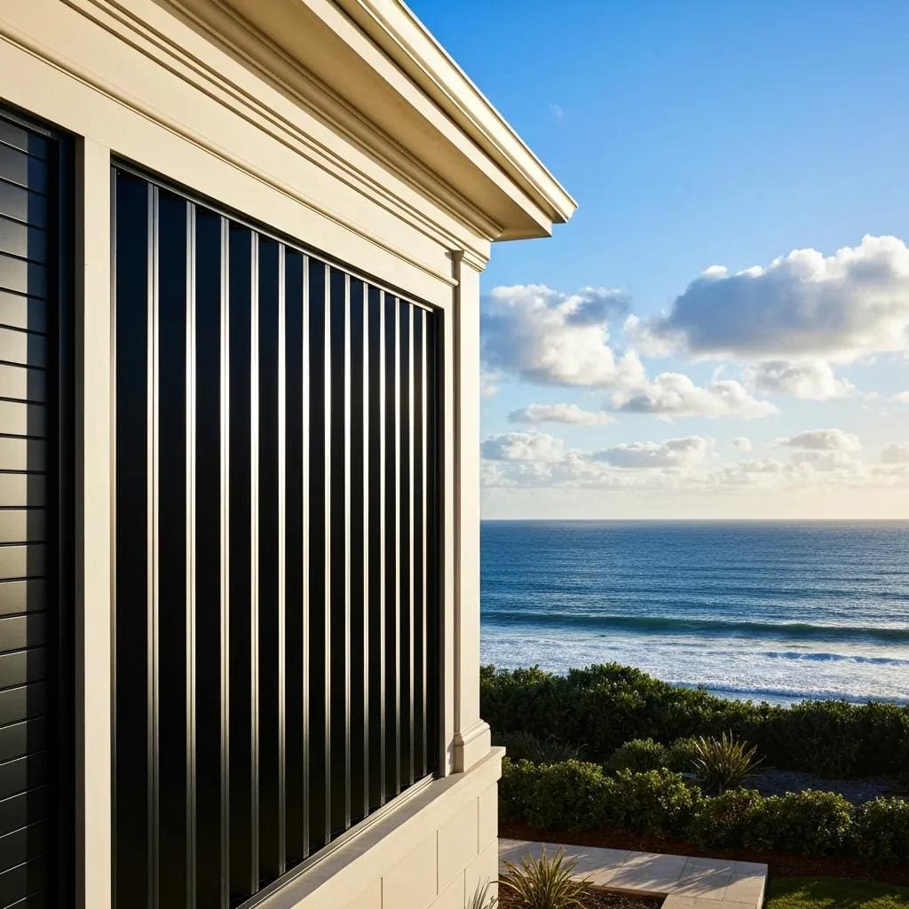 Coastal home with closed accordion shutters under a clear blue sky