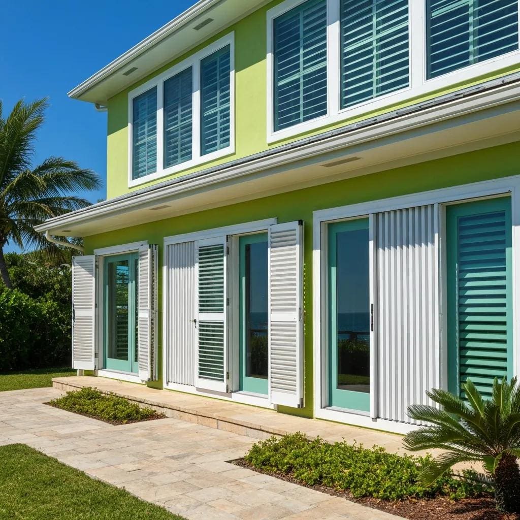Coastal home with elegant accordion shutters enhancing exterior appeal