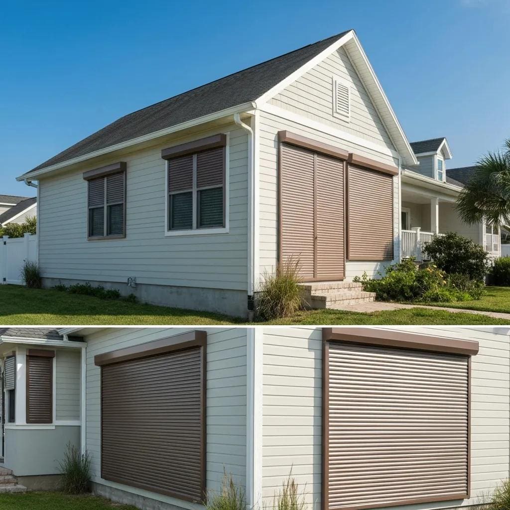 Coastal home with fiberglass and vinyl hurricane shutters showcasing durability and aesthetic appeal