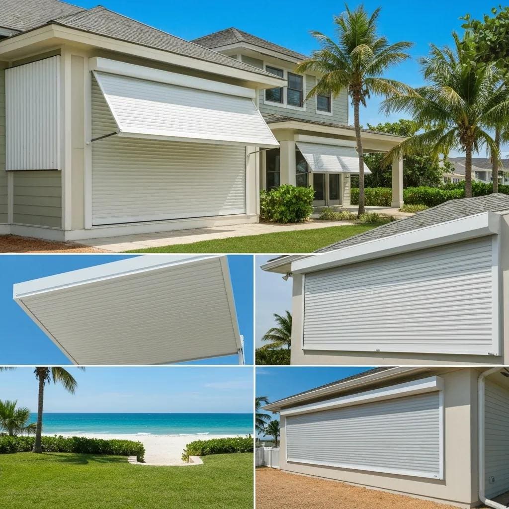 Coastal home with hurricane protection solutions showcasing accordion and rolldown shutters