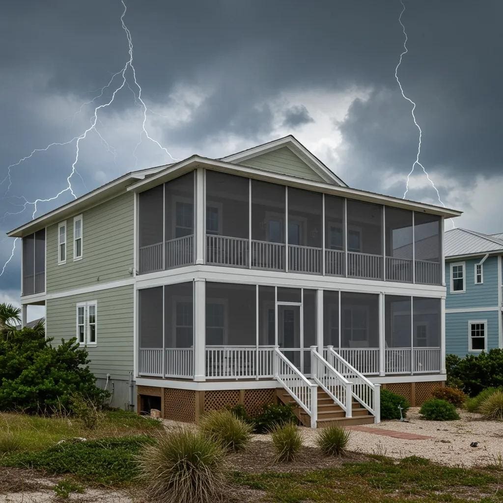 Coastal home with hurricane screens protecting against storm, showcasing durability and visibility