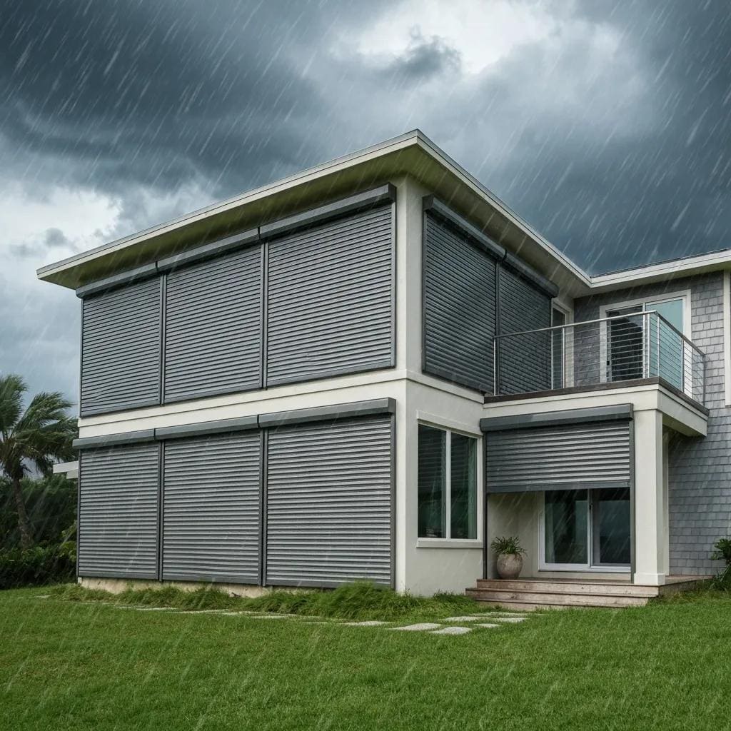 Coastal home with hurricane shutters closed during a storm, emphasizing safety and protection