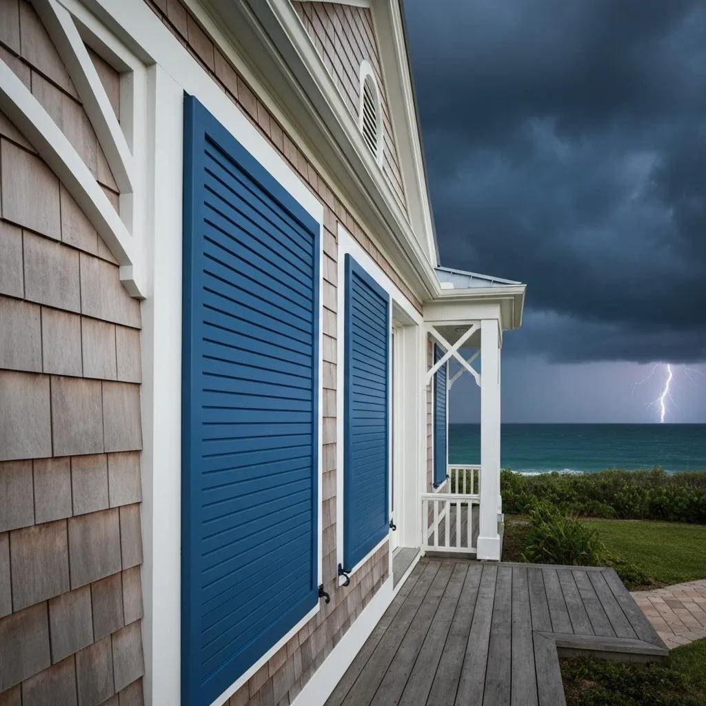 Coastal home with hurricane shutters installed, highlighting storm protection features