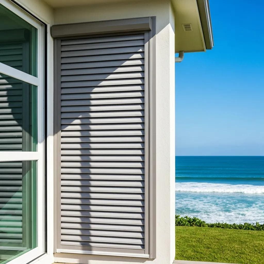 Coastal home with hurricane shutters partially closed, showcasing storm protection features