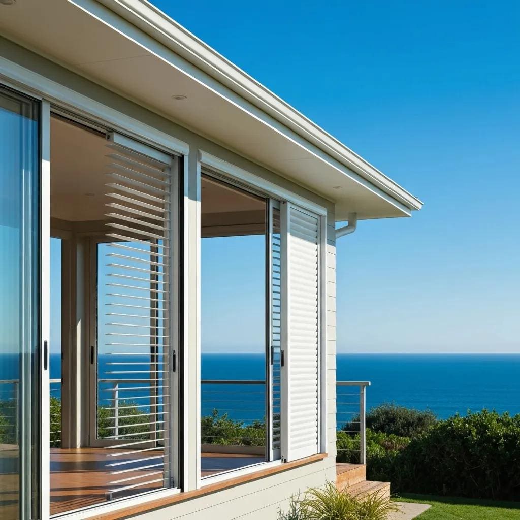 Coastal home with newly installed accordion shutters providing storm protection