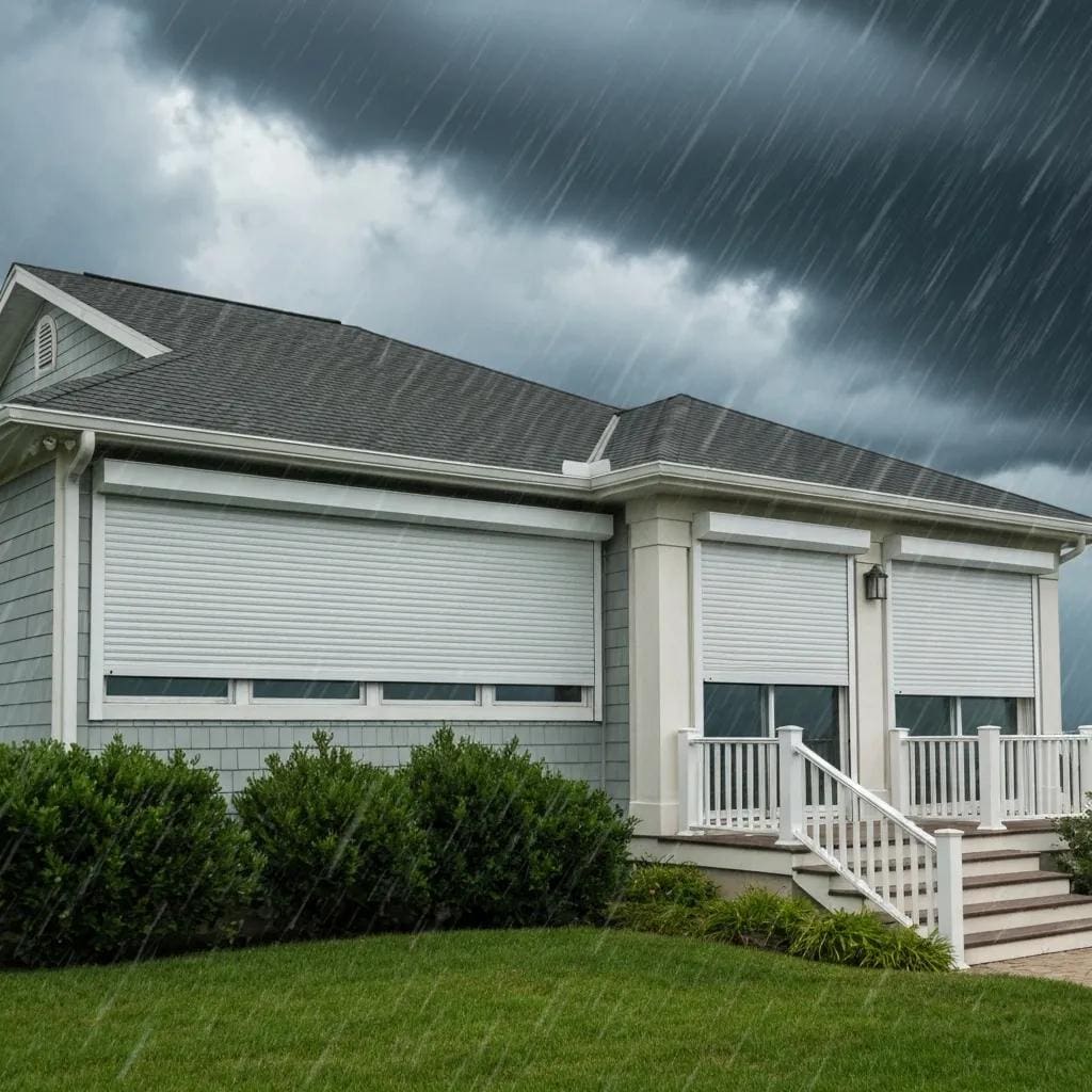 Coastal home with roll down hurricane shutters closed during a storm, illustrating storm preparedness and security