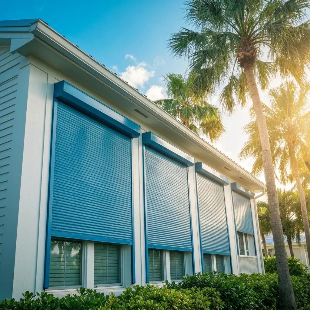 Coastal home with roll down hurricane shutters closed, highlighting home protection features