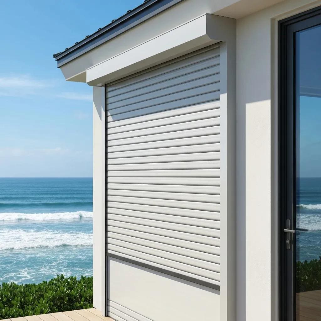 Coastal home with roll-down hurricane shutters demonstrating storm protection features