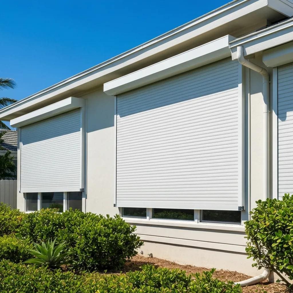 Coastal home with roll-down hurricane shutters demonstrating storm protection features