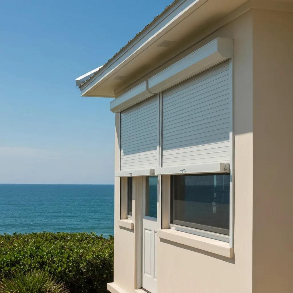 Coastal home with roll-down hurricane shutters demonstrating storm protection features